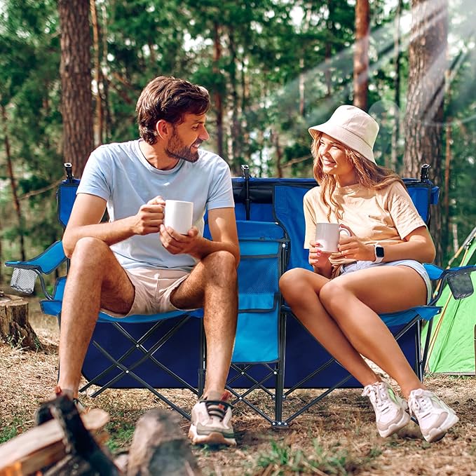 Double Beach Chair with Canopy Shade Heavy Duty Camping Chairs with Cup Holder Folding Loveseat for Outside Lawn