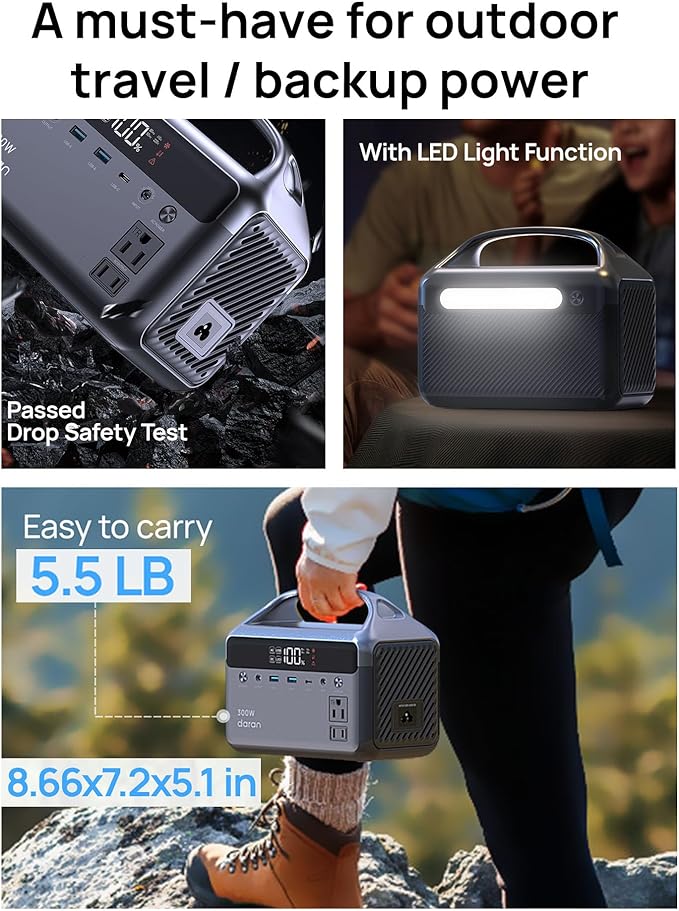 Portable Power Station 300W (600W Peak), 192Wh (60,000mAh) Solar Generator, LiFeP04 Battery with AC Outlets, 5.5LB Power Bank for Outdoor Camping, Traveling, Home & Emergency (Solar Optional)