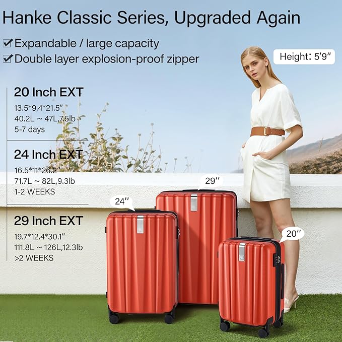 Hanke Expandable Hardshell Luggage Sets 3 piece Carry On Luggage with Wheels Suitcases Lightweight Checked Tsa Luggage Rolling Large Suitcase Travel Luggage Bag Woman Men 20/24/29 Inch(Orange)