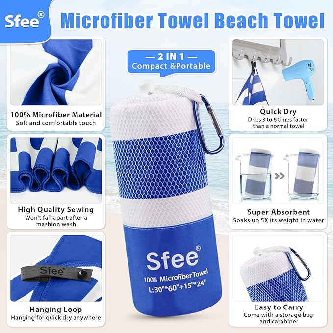 Sfee 4 Pack(8Pcs) Microfiber Travel Towel, Beach Towel Quick Dry Towel Camping Towel Super Absorbent Compact Lightweight Sports Towel Gym Towel Set for Beach, Gym, Hiking, Pool, Backpacking, Yoga