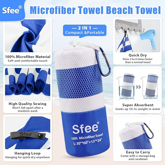 Sfee 4 Pack(8Pcs) Microfiber Travel Towel, Beach Towel Quick Dry Towel Camping Towel Super Absorbent Compact Lightweight Sports Gym Towels for Beach, Gym, Hiking, Pool, Backpacking, Bath, Yoga