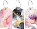 Rimilak 3 Pcs PU Leather Luggage Tags for Suitcase, Travel Cruise Luggage Tag with Privacy Flap, Name ID Label and Metal Loop for Women Men Baggage Handbag School Bag Backpack, Pink Gold Marble