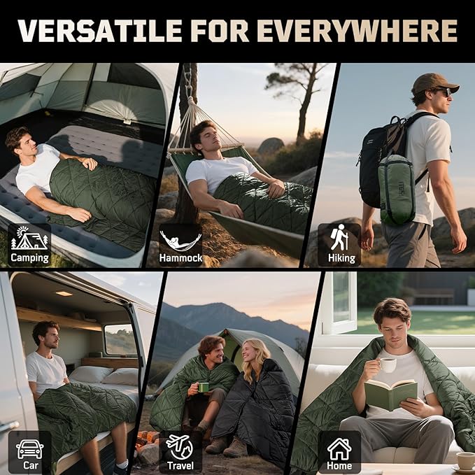 Camping Blanket - Packable, Ultra Warm and Lightweight with Snap Button Backpacking Quilt Water-Resistant, for Sleeping, Outdoors, Travel - Large/Olive Green