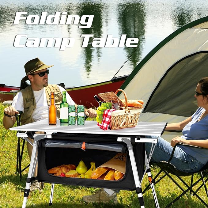 35IN Aluminum Camping Table with Large Storage Bag, Portable Roll-Up Folding Camp Table Adjustable Height Outdoor Kitchen for Camping Picnic Beach