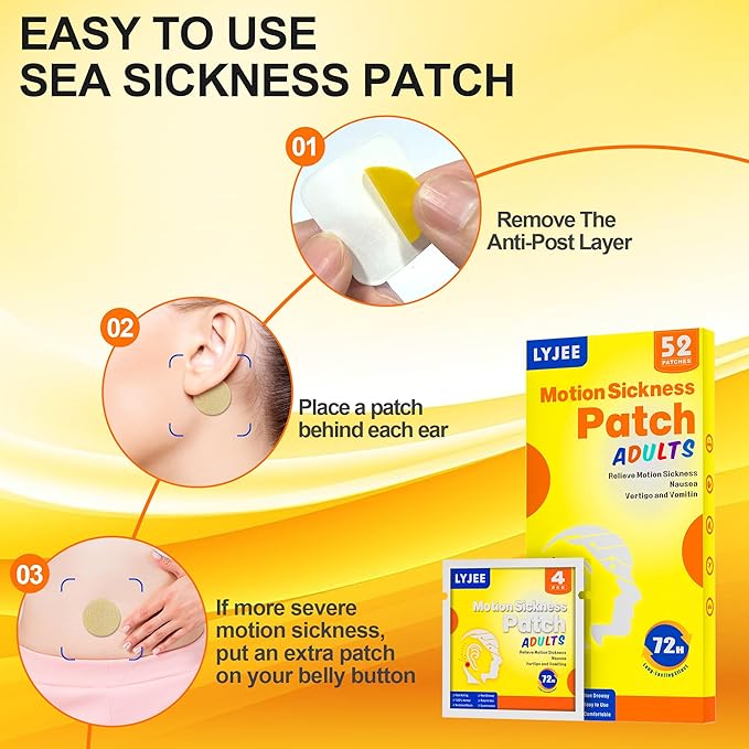 LYJEE Motion Sickness Patches: 52 Pcs Sea Sickness Patch for Cruise - Non Drowsy Sea Sickness Patch - Waterproof Motion Sickness Patches for Cruise - Fast Acting & Long Last 72H (13 Packs)