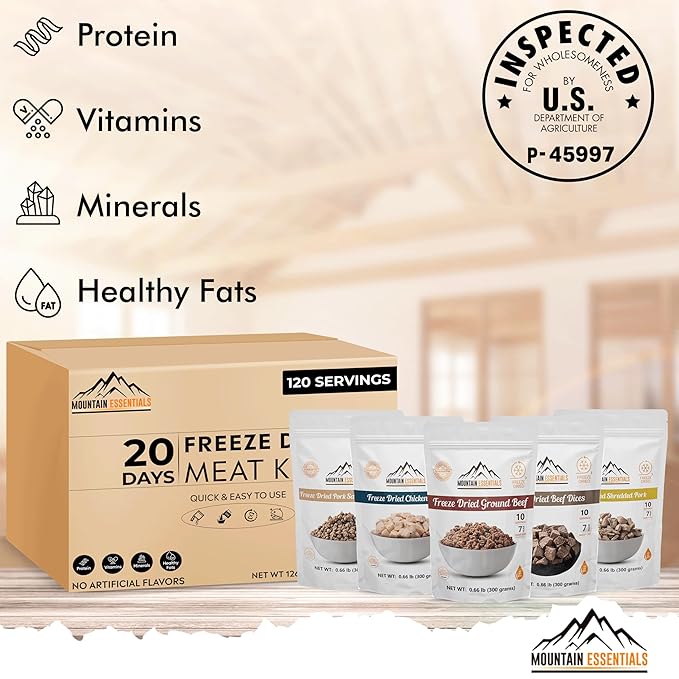 MOUNTAIN ESSENTIALS Freeze-Dried Meat Variety Kit – 3 Chicken Dices, 3 Beef Dices, 3 Ground Beef, 2 Shredded Pork & 1 Pork Sausage Crumble | 10 Servings per Pouch | Shelf-Stable Daily Meals, Camping & Emergency Food | Made in USA