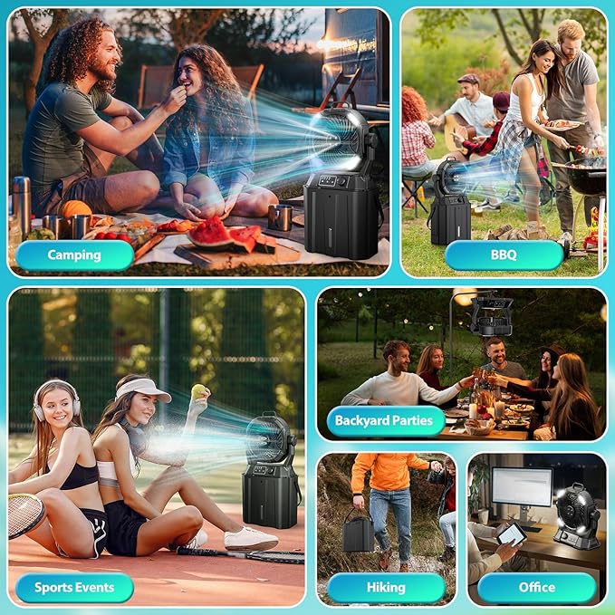 Portable Misting Fan 42800mAH Rechargeable with Remote Control, 6L Bucket Camping Fan with LED Lights & Stepless Speed Control & Cooling Mist, Portable Handle & Rotate Hook, Timer Function