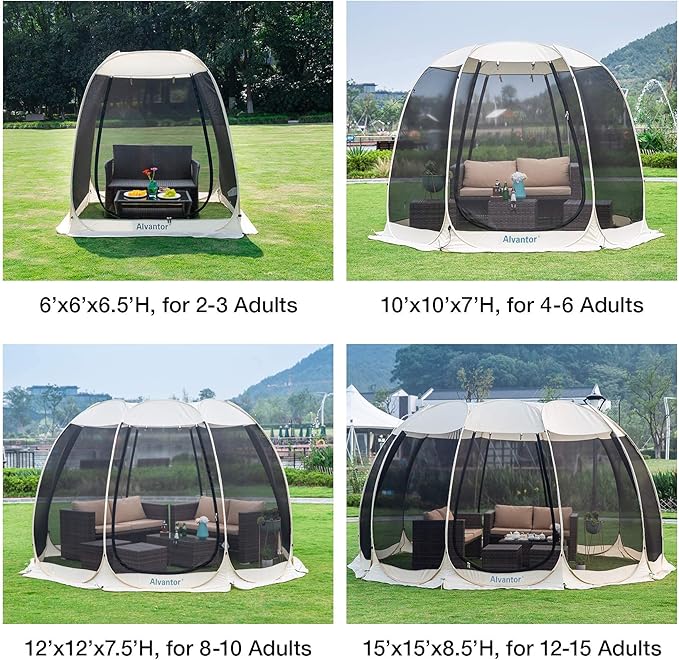 Alvantor Pop Up Screen Tent House Room Instant Outdoor Camping Canopy Sun Shelter Gazebo for Patio, Backyard & Deck, Privacy Tent(2-10 People, 8'x8' 10'x10' 12'x12')