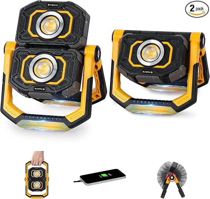 FORTO Rechargeable Magnetic Work Light 2 Pack – Dual Beam & 360° Rotating with Dual Stands, Oil-Resistant & Hands-Free Lighting for Garage, Workshop, Car Repair & Emergencies (Yellow)