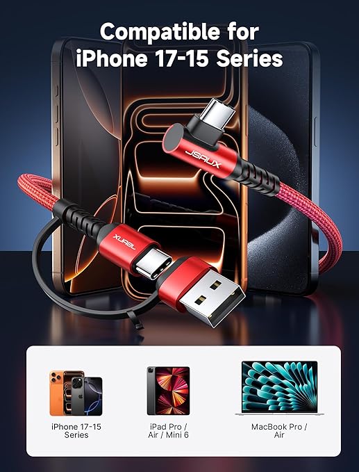JSAUX 3-in-1 USB-C Cable 2-Pack 10FT, 100W Right Angle Fast Charging Cord with USB-A Adapter for iPhone 16/15, Galaxy S25/S24, iPad, MacBook, Steam Deck - Red