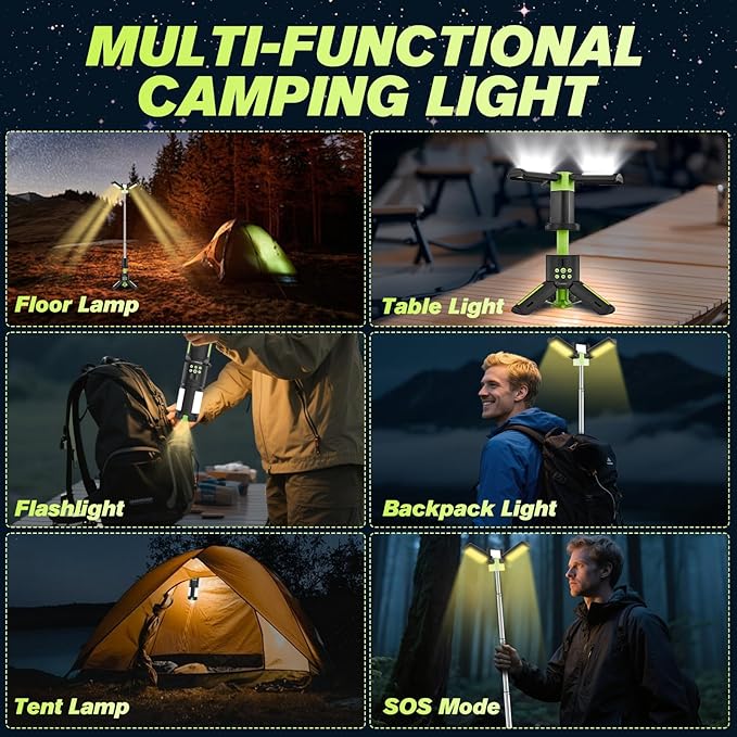 Portable Camping Lights with Stand, 5000LM Rechargeable LED Flashlight, 9 Color Modes, Collapsible Camping Lantern Tent Light with Magnetic Base for Power Outages, Camping & Emergency(Green)