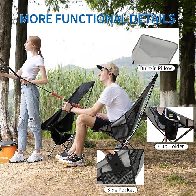 SHALLWE Camping Chairs, All Aluminum Frame Portable Folding Camp Chair for Adults, Heavy Duty High Back Collapsible with Built-in Pillow, Side Pocket, Carry Bag for Backpacking, Hiking, Beach