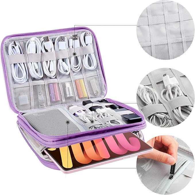 Electronics Organizer - Travel Cable Organizer Bag, Water Resistant Double Layers Pouch for Cord, iPhone, iPad Mini - Gift for Men Electronic Accessories Storage Case with 5 Cable Ties, Purple