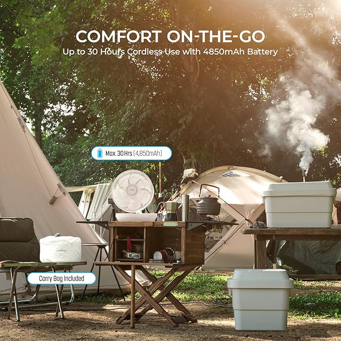 CUCKOO Rechargeable Travel Fan with 30 Hour Runtime, Portable Fan for Travel with BLDC Motor, Adjustable Height, 4 Wind Modes & 12 Speed Modes, Cordless Battery Powered, White (CF-ECL1010WH)