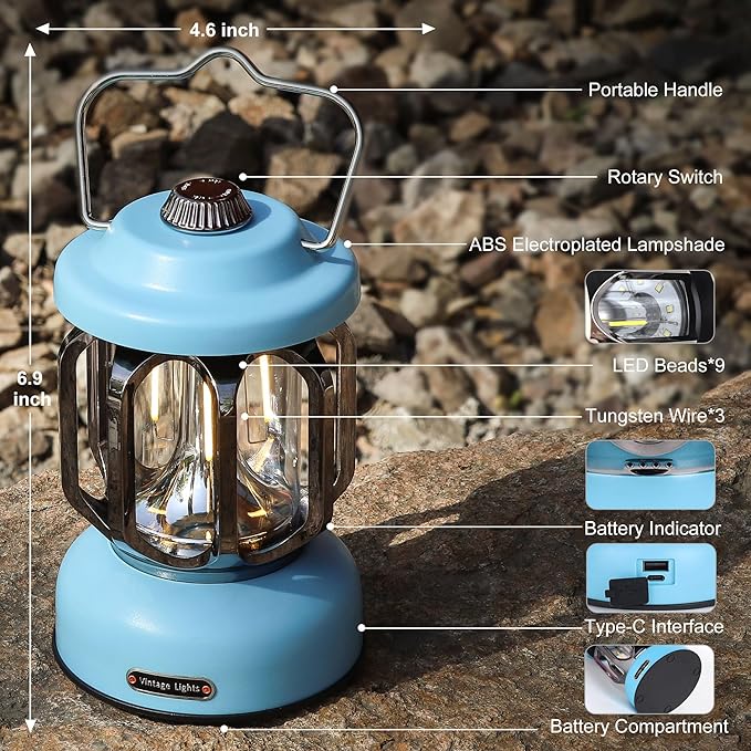 Rechargeable LED Camping Lanterns, 2000mAh Vintage Camping Lights Battery Operated Rechargeable , Hanging Retro Metal Hiking Tent Lamp for Emergency, Hurricane,Decoration,Home,Blue,2 Pack