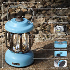 Rechargeable LED Camping Lanterns, 2000mAh Vintage Camping Lights Battery Operated Rechargeable , Hanging Retro Metal Hiking Tent Lamp for Emergency, Hurricane,Decoration,Home,Blue,2 Pack