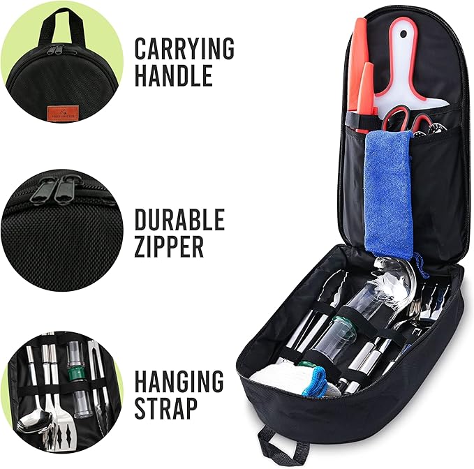 Camping Utensils Set, 21pcs Camp Cooking Kit with BBQ Tools, Knife Set & Spice Kit – Heat-Resistant Cutting Board, Dishwasher-Safe Cutlery for Outdoor, Hiking, Backpacking