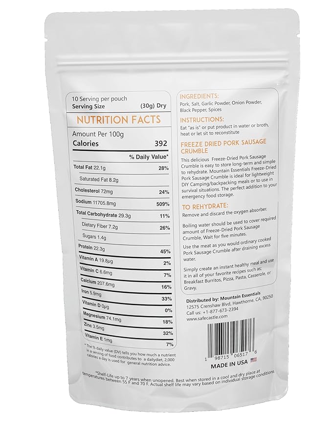 MOUNTAIN ESSENTIALS Freeze-Dried Pork Sausage Crumble – Fully Cooked & Ready to Eat | Traditional Flavor | Premium Quality Everyday Meals, Camping & Emergency Survival Food | 10 Servings | Made in USA | 7-Year Shelf Life