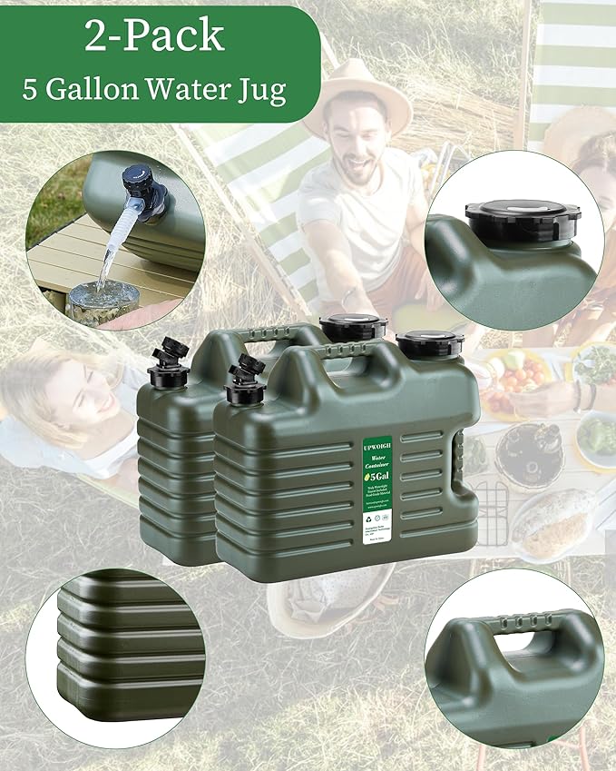 UPWOIGH 5 Gallon Water Jug Set of 2, Camping Water Container, Truly No Leakage Water Storage, Large Military Green Water Tank,BPA Free Portable Emergency Overlanding Gear for Outdoors Hiking