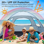 WhiteFang Beach Tent Anti-UV Portable Sun Shade Shelter for 3/4/6/8 Person, Extendable Floor with 3 Ventilating Mesh Windows Plus Carrying Bag, Stakes and Guy Lines