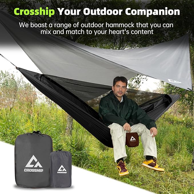 Camping Hammock with Mosquito Net and Rain Fly Tarp - 2 Person Hammock Tent, Portable Parachute Nylon Hammock for Outdoor, Hiking, Backpacking, Backyard, Travel (Hold Up to 500lbs) - Black