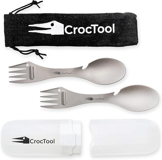 Spork Ultra Lightweight and Strong 5 in 1 Camping Utensil Set-Spoon+Fork+Knife+Peeler+Bottle Opener+Bag+Carry case. Ideal for Outdoors, Home or Office