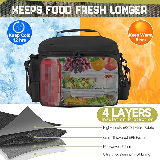 QT&QY Tactical Lunch Bag for mens Military heavy duty lunch box work Leakproof insulated Durable Thermal Cooler Bag for Adult Meal for Office Camping Picnic Pail MOLLE Webbing Black