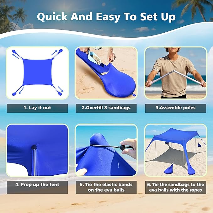 2PM SPORTS Beach Tent Canopy with UPF50+ UV Protection, Outdoor Large Beach Sun Shade Shelter for Family Picnic Camping Travel Shore Fishing, 8 Sandbags, Sand Shovel (Areca Palm, 10x10 FT)