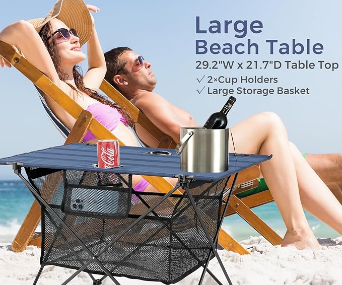 Lightweight Portable Camping Table with 2 Cup Holders - Collapsible Compact Canvas Beach Table/Side Table for Lawn Fishing & Outdoor, Large Capacity Storage, 29.2" W x 21.7" D (Blue)