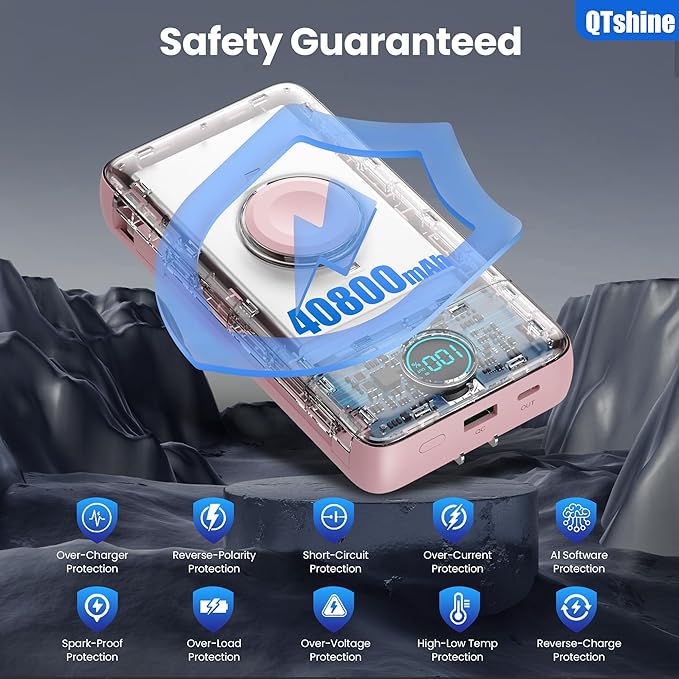 Portable Charger 40800mAh Power Bank with Built-in Cables,Wall Plug and iWatch Charger,6-in-1 QC4.0+25W PD USB C Fast Phone Charging,LCD Display Battery Pack for iPhone 16/15,Apple Watch,Galaxy-Pink