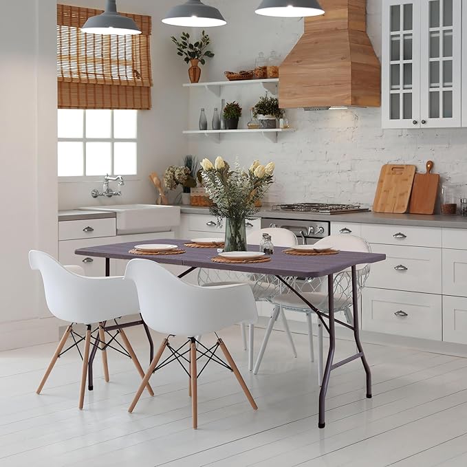 Foldable Table, Plastic 6FT Folding Table, Indoor Outdoor Portable Utility Table with Handle for Party, Camping and Picnic, Brown