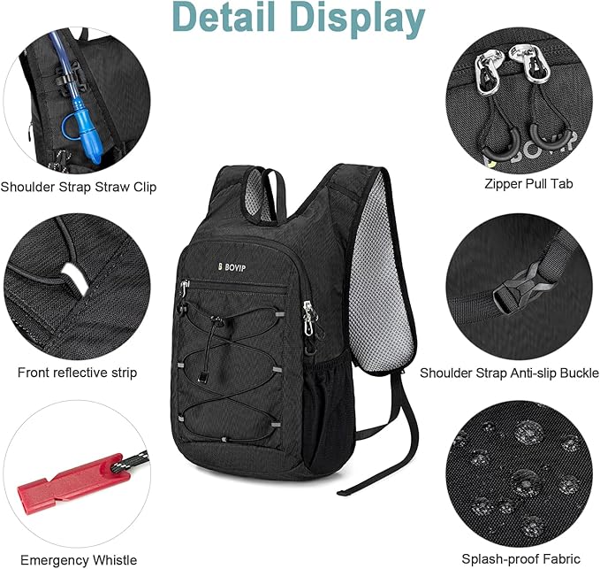 BOVIP Lightweight Hydration Back,15L Multipurpose Hiking Backpack with 1.5L Water Bladder ,Hydro Water Daypack for Cycling Hiking Rave for Men Women