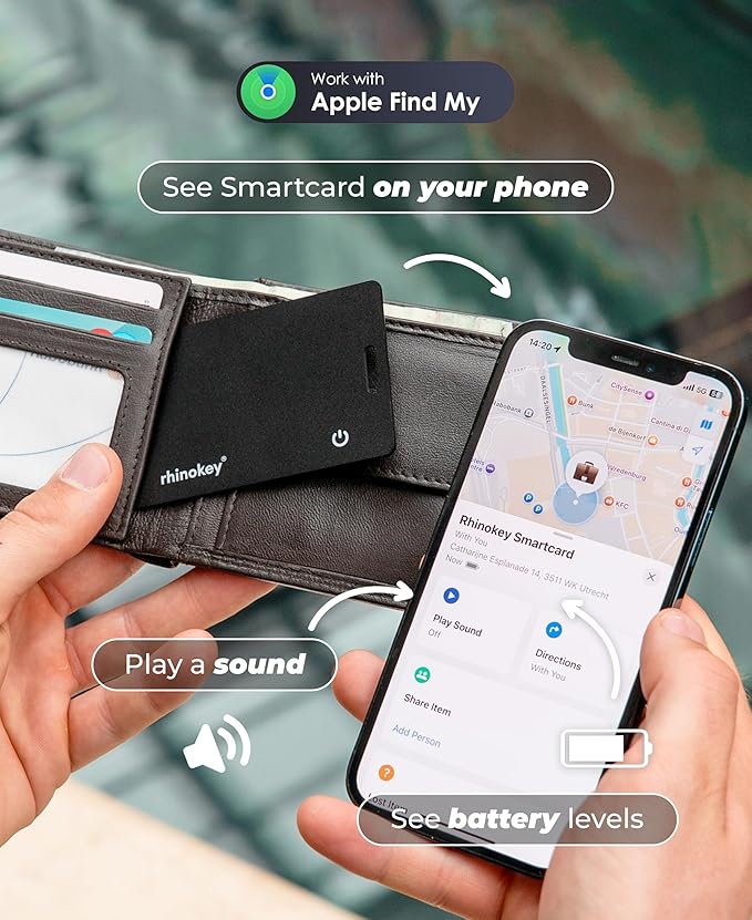 Rhinokey® Wallet Tracker Card (iOS Only) - Slim Rechargeable 1.8mm Thin Tracker Airtag Wallet IP68 Waterproof Apple Find My Luggage Tags Item Finder with Key Chain Hole