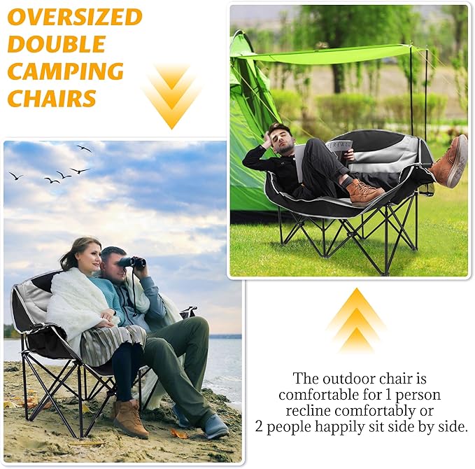 UBALANCE Double Camping Chair for Adults - Heavy Duty 650LBS Portable Camping Chairs Oversized Camping Loveseat, Folding Camping Chair for Garden Lawn Sport Picnic Beach Fishing (Gray)
