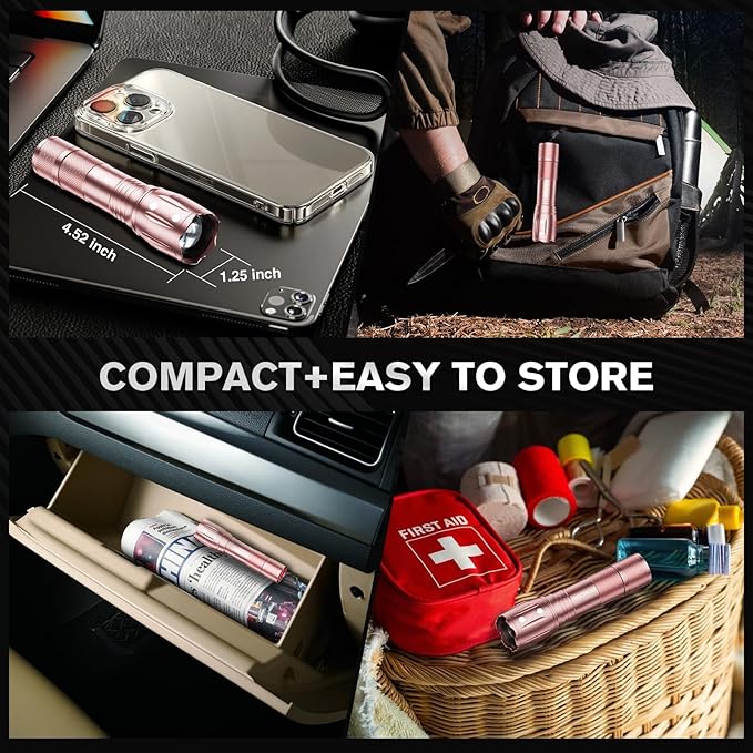 RECHOO LED Flashlight 2 Pack Pink, Tactical Flashlights High Lumens with 3 Modes, Pocket Small Flash Light, Waterproof Zoomable Flashlights for Home Emergency, Camping Essentials (Battery Included)