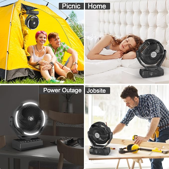 PANERGY Camping Fan with Light - 20000mAh Rechargeable Battery Fan with Charger, 70Hrs Cooling Time, 4 Speeds, 110° Auto Oscillation & 270° Pivot Design with Hook for Camping/Power Outage/Hurricane