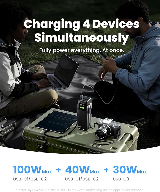 SHARGE Laptop Power Bank 25000mAh, HyperTower 170W Total Fast Charging Portable Charger, 100W USB-C Power Bank with Built-in Cables, High Capacity Travel Battery Pack for MacBook, iPhone17, Galaxy S26