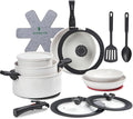 23 Pcs Nonstick Pots and Pans Set with 4 Detachable Handle, Ceramic Cookware Set Non Toxic, Induction Dishwasher Oven Safe Cookware Set, RV Kicthen Set Removable Handle, White Granite