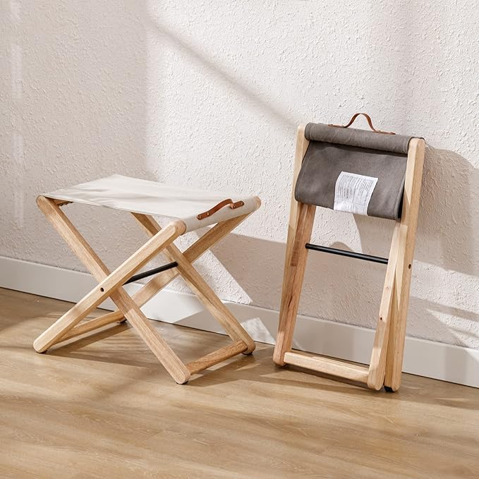 Wood Folding Camping Stools Set of 4, 18.5" Hardwood Portable Fishing Folding Stool with Heavy Duty Metal Support Canvas Camp Stool Foldable Footstool for Outdoor Hiking Picnic BBQ, Beige