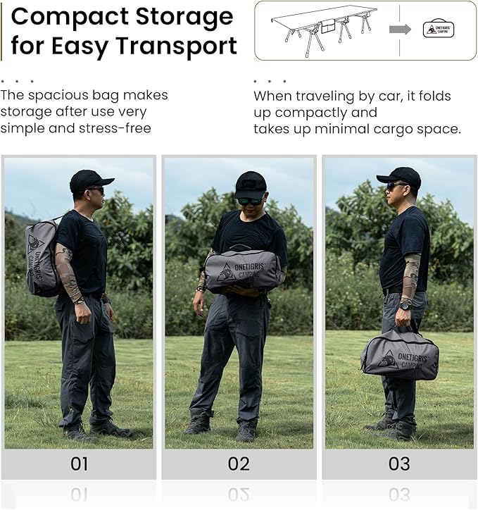 ONETIGRIS SUPRANUBIS Camping Cot, Height Adjustable with Cot Leg Extenders, Strong Support 330lbs, Lightweight Comfortable Folding Bed for Camping, Hiking, Travel, Truck, Beach, Office Nap