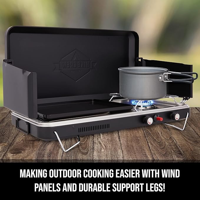 Hike Crew 2-in-1 Gas Camping Stove and Griddle, Portable Propane Burner w/Integrated Igniter & Stainless Drip Tray | Built-in Carrying Handle, Foldable Legs & Wind Panels | Includes Regulator