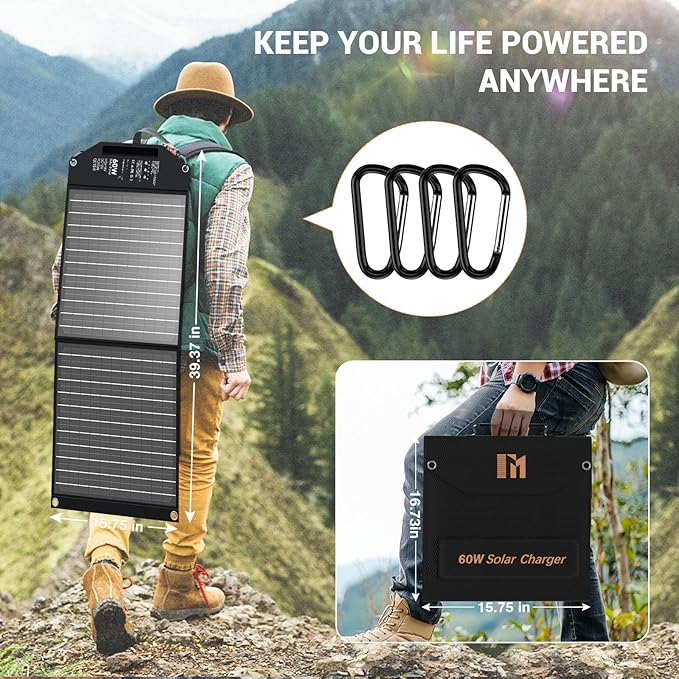 60W Portable Foldable Solar Panels Chargers with PD3.0 PD45W USB-C QC3.0 USB-A 18V DC MC4 Outputs for Camping Backpacking RV Trip Fast Charging for Small Power Station Generator Cell Phone Power Bank