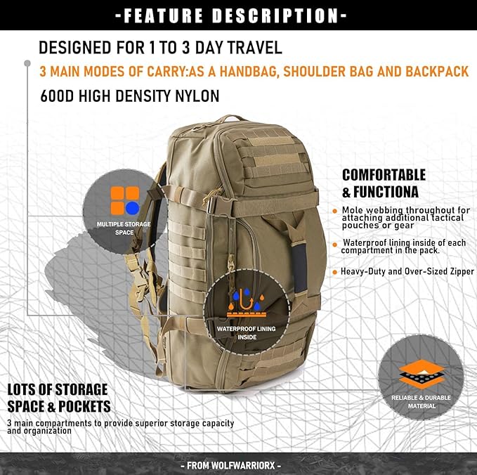 Miramrax Travel Duffle Bag Backpack for Men - Large Tactical Bags Weekender Gym Bag for Overnight Traveling Military Workout Deployment Sports (Coyote, 80L)