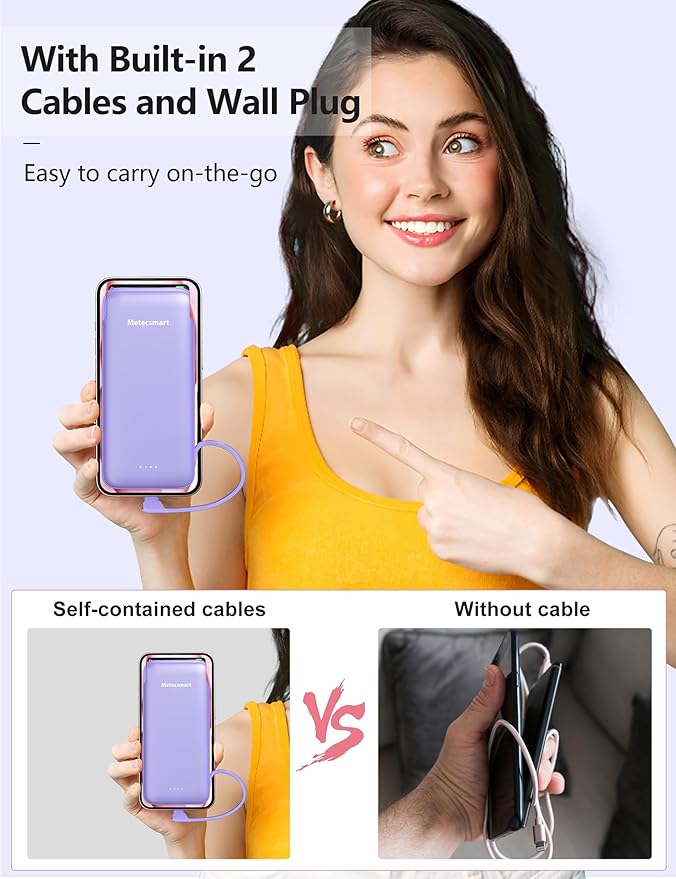 Portable Charger Power Bank with Built-in Cable & AC Plug, 10000mAh Fast USB-C Charger, Slim Mini Battery for iPhone 16/15/14/13/Pro/Max & All USB-C Devices