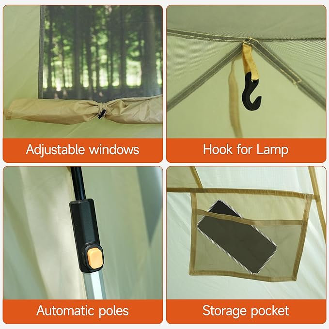 Instant Pop Up Camping Tent - 7'×7' 4 Person, 5-Sided Ventilation, UV-Blocking Top & Hexagonal Awning, Portable for Patio/Beach