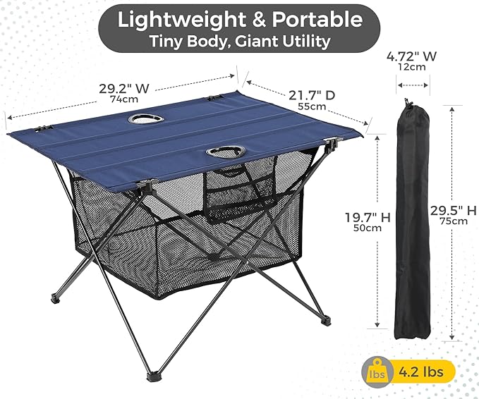 Lightweight Portable Camping Table with 2 Cup Holders - Collapsible Compact Canvas Beach Table/Side Table for Lawn Fishing & Outdoor, Large Capacity Storage, 29.2" W x 21.7" D (Blue)