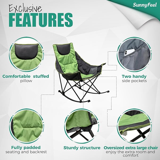 SUNNYFEEL Oversized Rocking Camping Chair, Fully Padded Patio Chair with Side Pocket, High Back Portable Lawn Recliner with Headrest, Outdoor Camp Rocker Chairs for Adults Heavy Duty 300 LBS