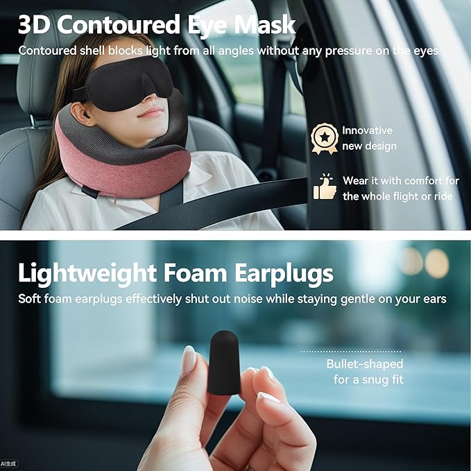 Pink Airplane Travel Pillow Set, 100% Pure Memory Foam Neck Pillow, Updated Material, Long Flight Travel Kit with 3D Contoured Eye Masks, Earplugs, and Luxury Bag