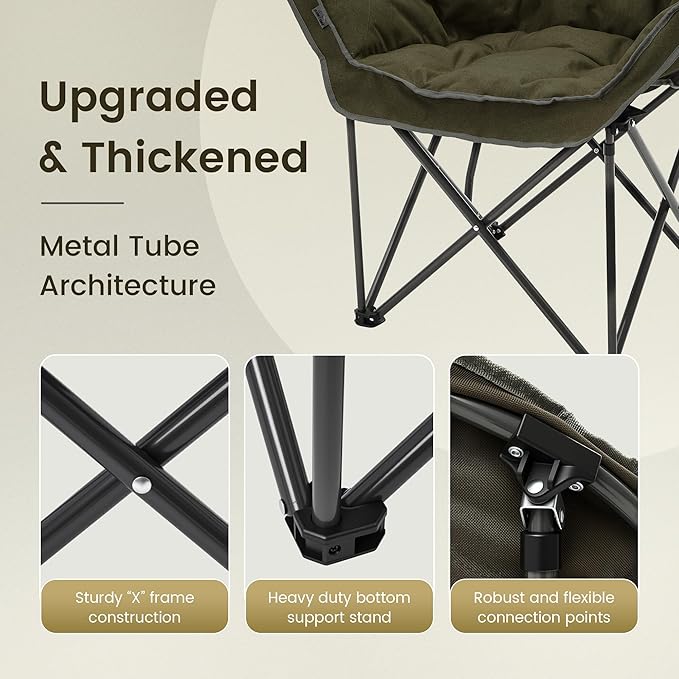 Oversized Padded Comfy Camping Chair for Adults, Portable Padded Lawn Chair, Weight Capacity 400 LBS, Heavy Duty Moon Leisure Folding Chair for Camping, Hiking, Carry Bag, Army Green (2 Pack)