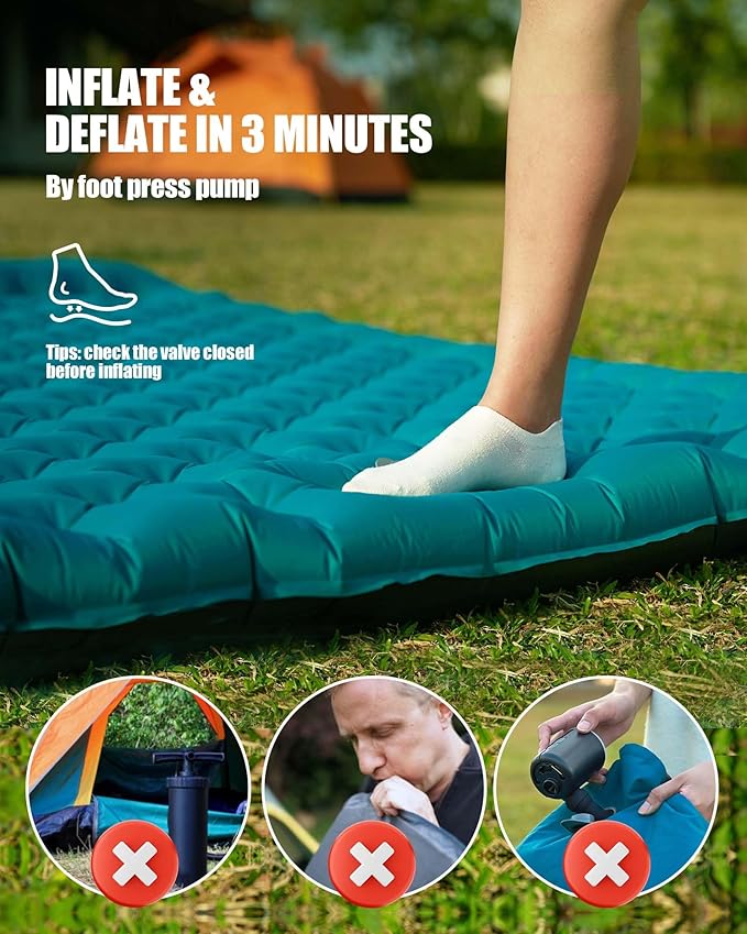 AKSOUL Sleeping Pad Camping Inflatable: Extra Thickness Double Persons Self Inflating Mat with Built-in Foot Pump, Lightweight Ultra-Wide Air Mattress with Pillow for Camping, Backpacking